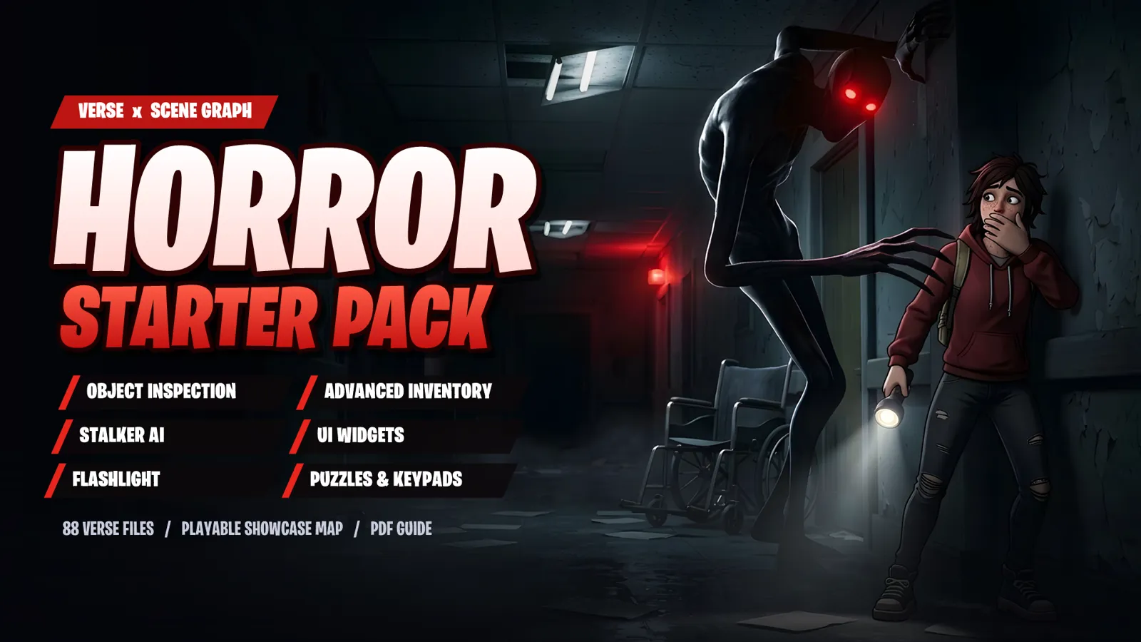 Horror Starter Pack key art: a tall creature with red eyes stalks a scared survivor holding a flashlight in a hospital corridor